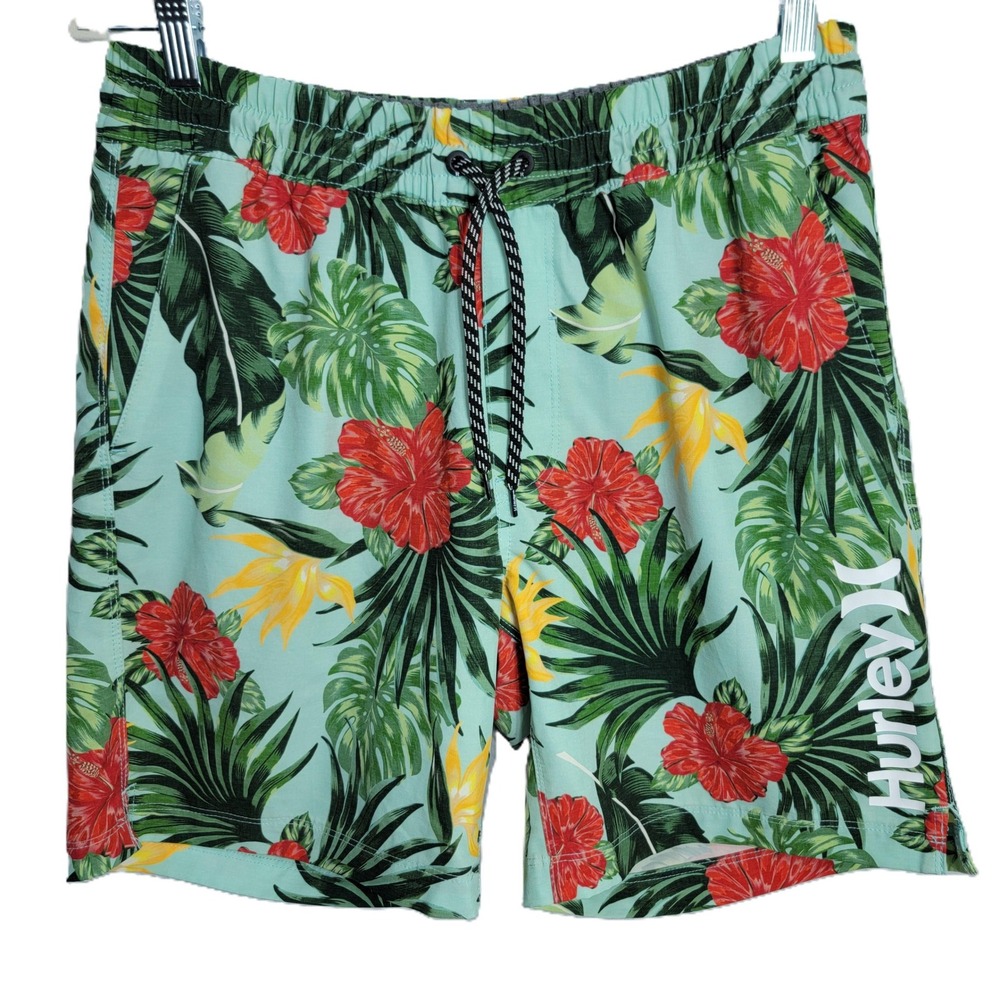 Hurley Mens M Swim Trunks Mint Green Tropical Floral Hibiscus Stretch Shorts